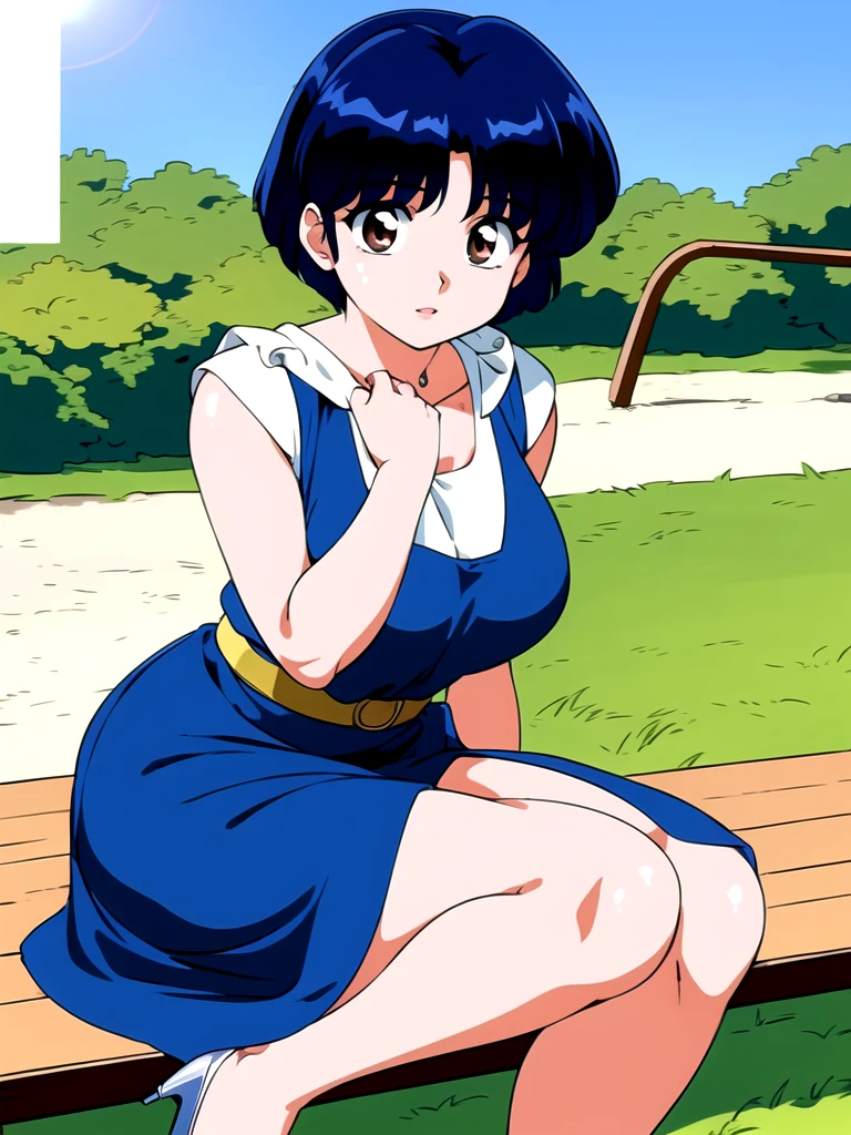 HDR, CG, sharp focus, (8k), (4k), masterpiece, best quality, detailed skin, extremely detailed, hiper detailed,  sharp focus, looking at viewer, high quality,  AKANE, Akane tendou, short hair, blue hair, brown eyes ,curtain pelvic DRESS,  tetas grandes bush, solo, 1girl, sit on bench, park background, hands on chest, heels,  white dress,
