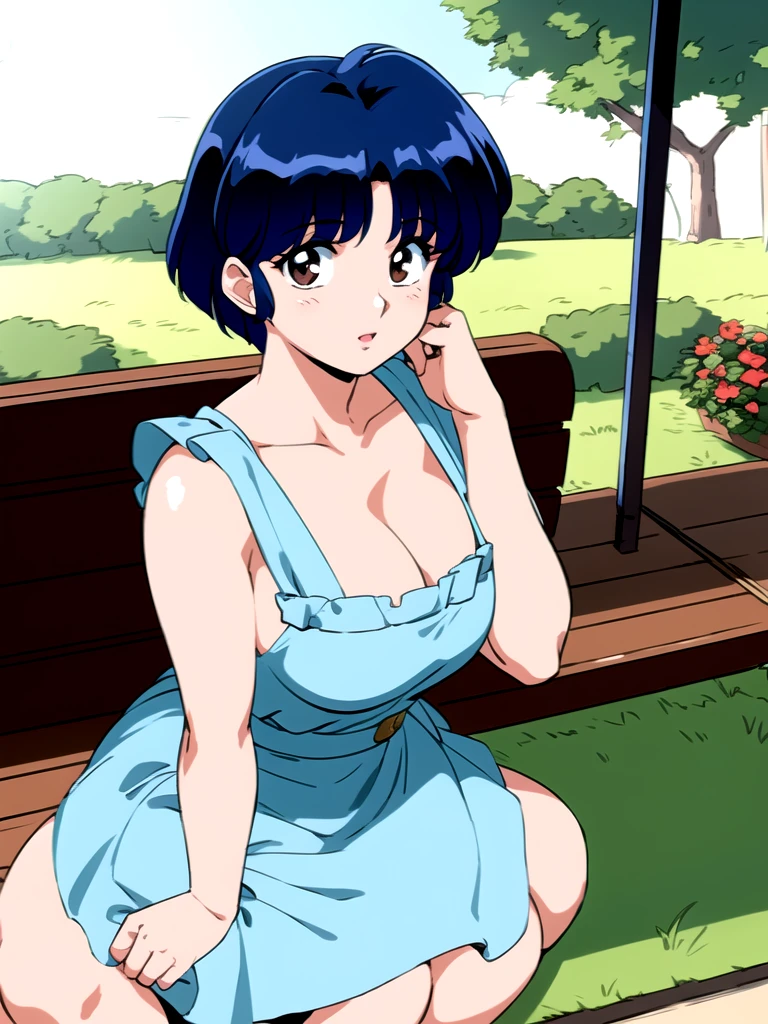 HDR, CG, sharp focus, (8k), (4k), masterpiece, best quality, detailed skin, extremely detailed, hiper detailed,  sharp focus, looking at viewer, high quality,  AKANE, Akane tendou, short hair, blue hair, brown eyes ,curtain pelvic DRESS,  tetas grandes bush, solo, 1girl, sit on bench, park background, hands on chest, heels,  white dress,
