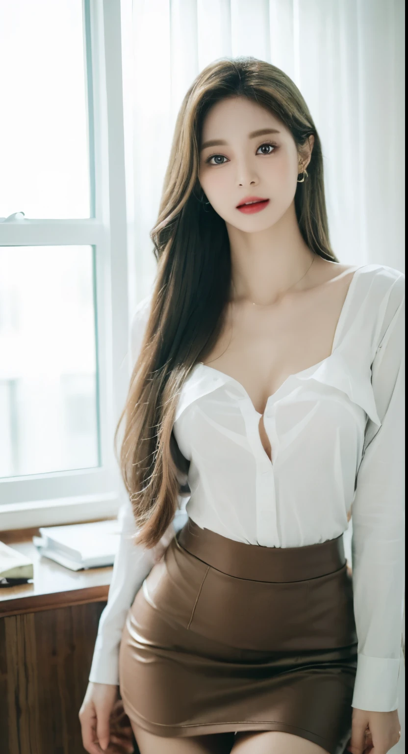 ((Best quality, 8k, Masterpiece :1.5)), Sharp focus :1.4, A 22 years old with perfect figure :1.6, Slender abs :1.3, korean , ((K-Pop idols)), 、((full body)), ((standing), high resolution, full body, , (detailed office clothing, ((Aroused: 1.5))), ((detailed tight transparent shirt, (Aroused: 1.5))), ((detailed nipples see throught shirt)) , ((detailed mini short skirt)), ((detailed pantyhose)), ((detailed face )),, ((The large Office)), open shirt show, fair white skin、shiny white skin、(wavy blonde hair)、((dynamic pose)), ((sexy pose)), (the office central luxury), Top image quality、ultra-high-resolution、22-year-old Korean、, fair white skin、shiny white skin、bright silver long hair、light white long hair、、Beautiful eyes with random colors、Very thin lipeautiful eyes finely detailed、elongated eyes、pale pink blush、long eyelash、Beautiful double eyelids、eyeshadows、neckless、耳Nipple Ring、 dark brown hair、dark brown hair、Beautiful eyes with random colors、very thin lips, finely detail、elongated eyes、pale pink blush、long eyeslashes、Smilling, Beautiful double eyelid、Lighting that emphasizes beautiful skin、Lustrous skin 2, ((Layered long hair, Beauty breasts :1.3)) , (detailed breasts ),Highly detailed face and skin texture, Detailed eyes, Double eyelid, ((Aroused: 1.5)), night city view to window , Detailed