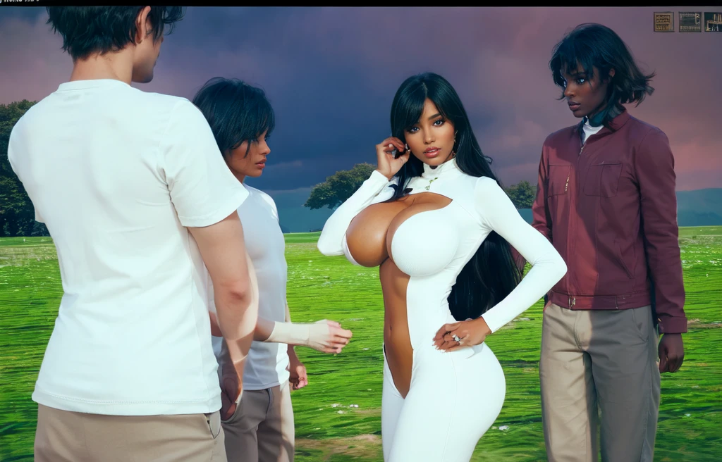 women,brown skin,black long hair, dark brown eyes, white tight bodysuit, big breast, white Trousers,standing on a meadow, break men stand behind,break, men stannd on the side