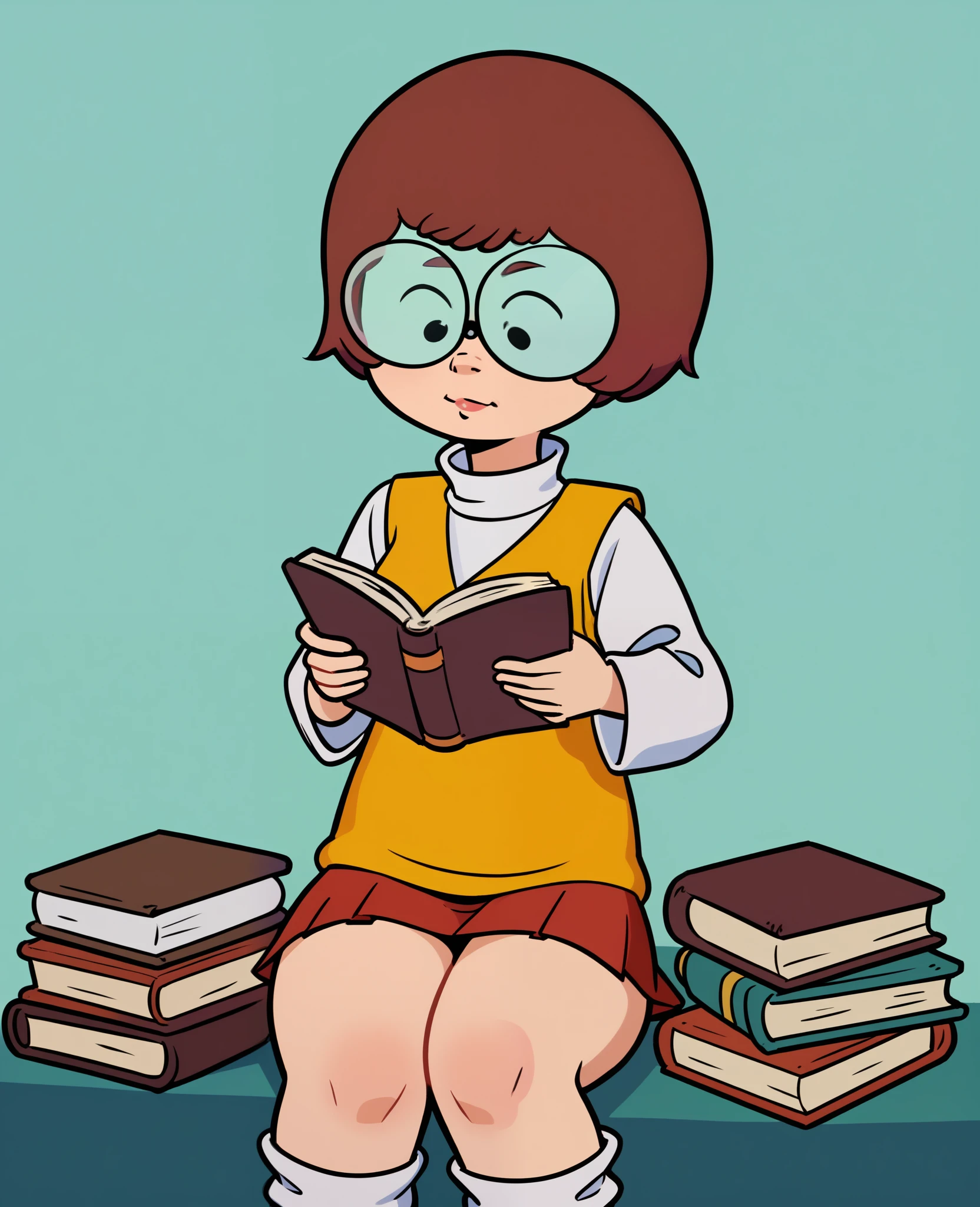 score_8, score_9, solo, velma, short hair, red hair, glasses, skirt, reading a book