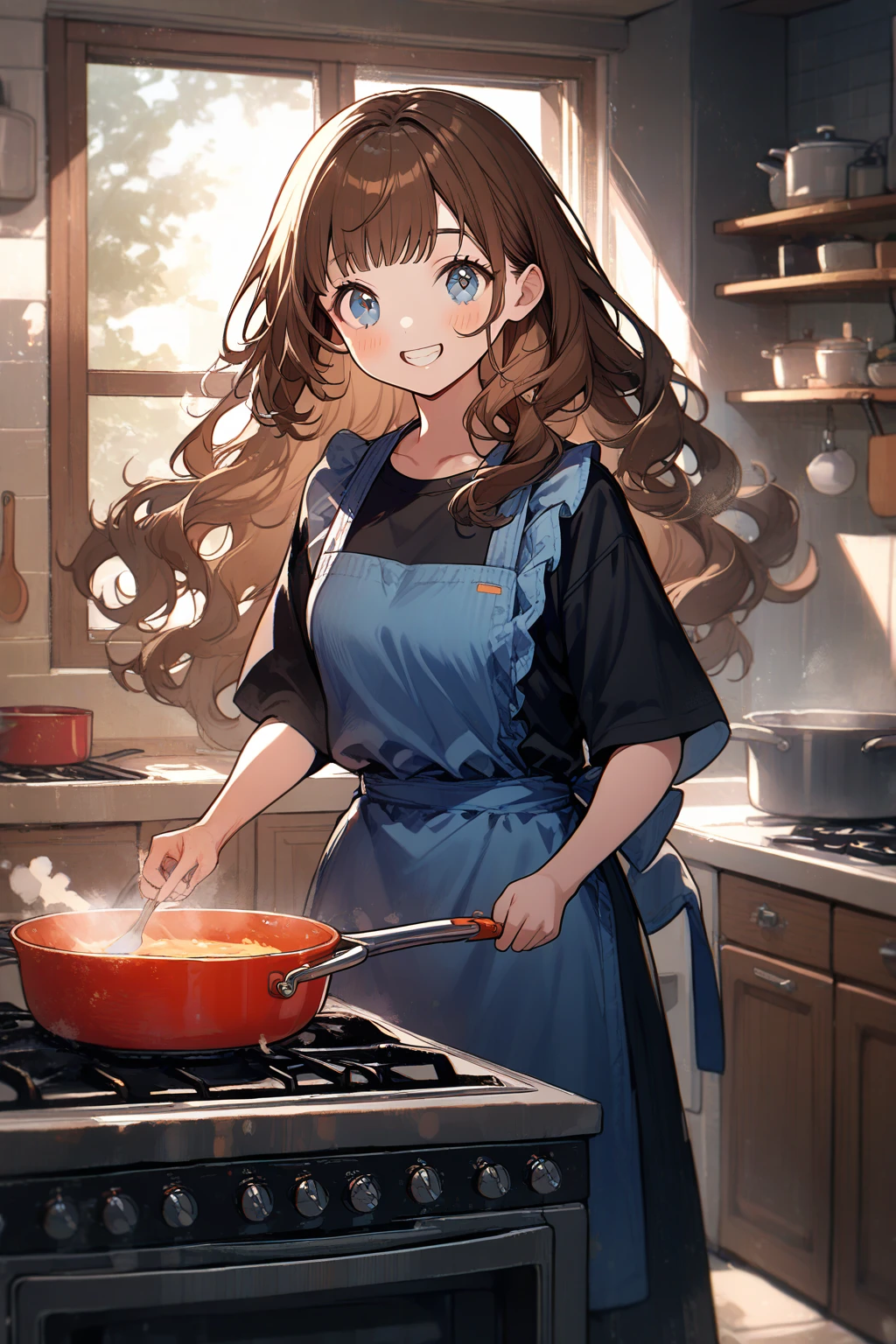 1 girl, CuteStyle, blue eyes, brown hair, long hair with bangs, dressed in a black T-shirt, dressed in a blue cooking apron, standing in the kitchen, cooking, standing near the stove, window, light, sun rays making their way through the window, specks of dust in the air, focusing, blurred background, looking at the viewer, blush, happy smile, showing teeth, happy eyes, detailed, beautiful, gentle tones