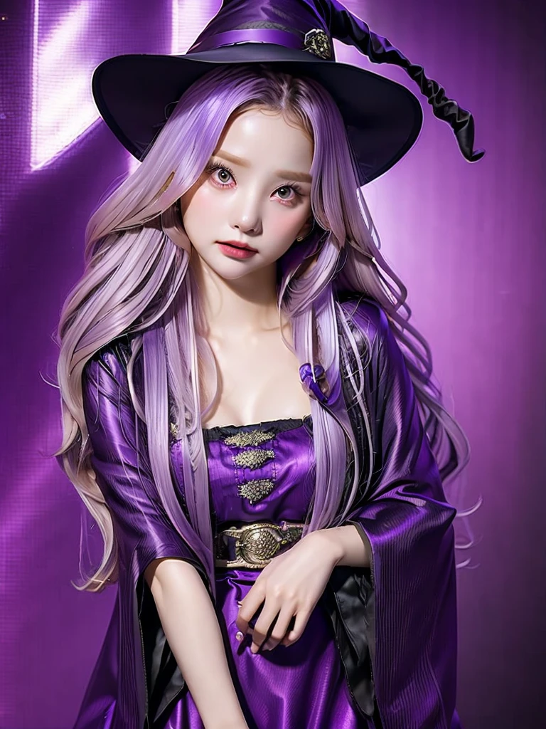 1 girl, portrait, long wavy hair, purple hair, witch dress, witch hat