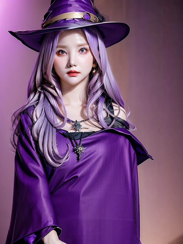 1 girl, portrait, long wavy hair, purple hair, witch dress, witch hat