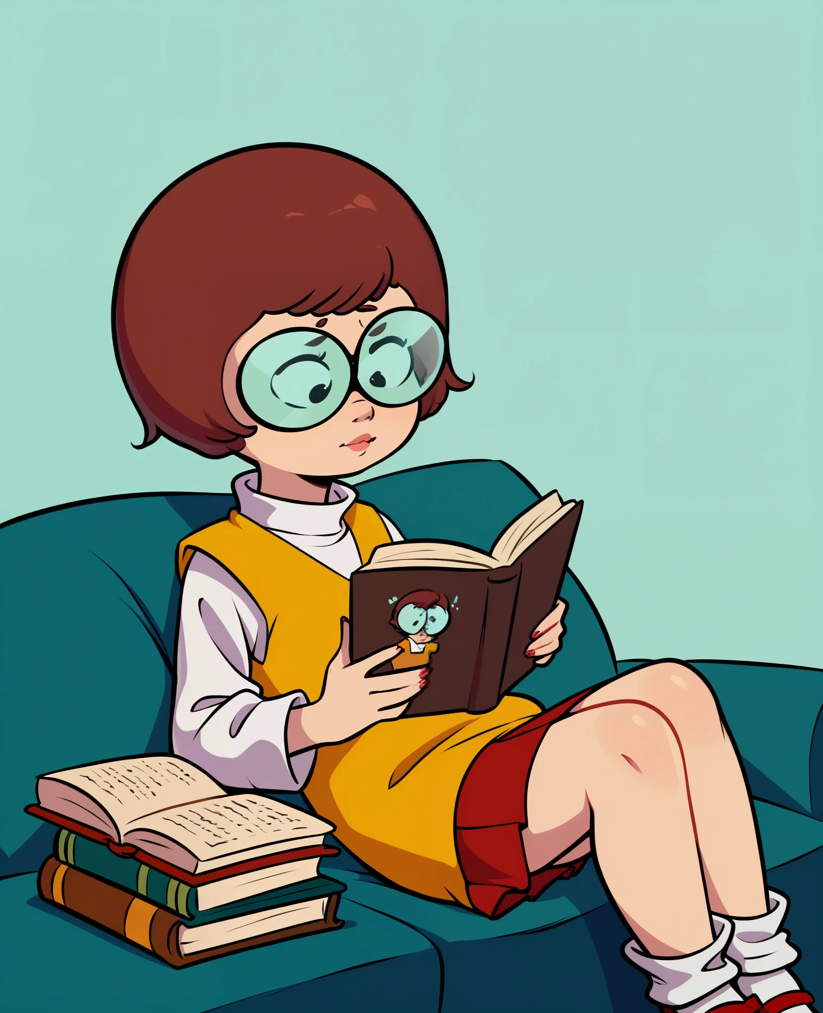 score_8, score_9, solo, velma, short hair, red hair, glasses, skirt, reading a book