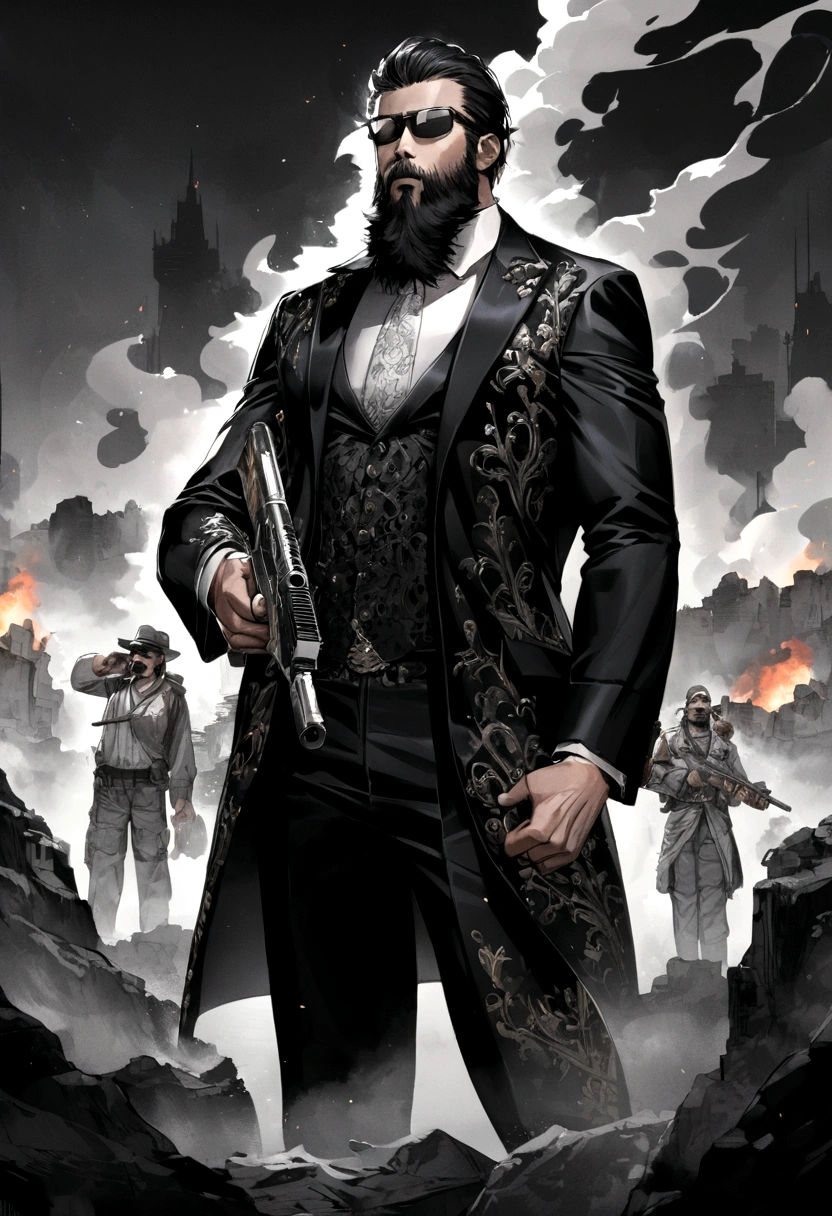 ThalapathyVijay as a cowboy holding a gun in hand smoking a ciggerate wearing a cool sunglass having beard and salt and pepper hairs standing near a blasting background looking fiercely