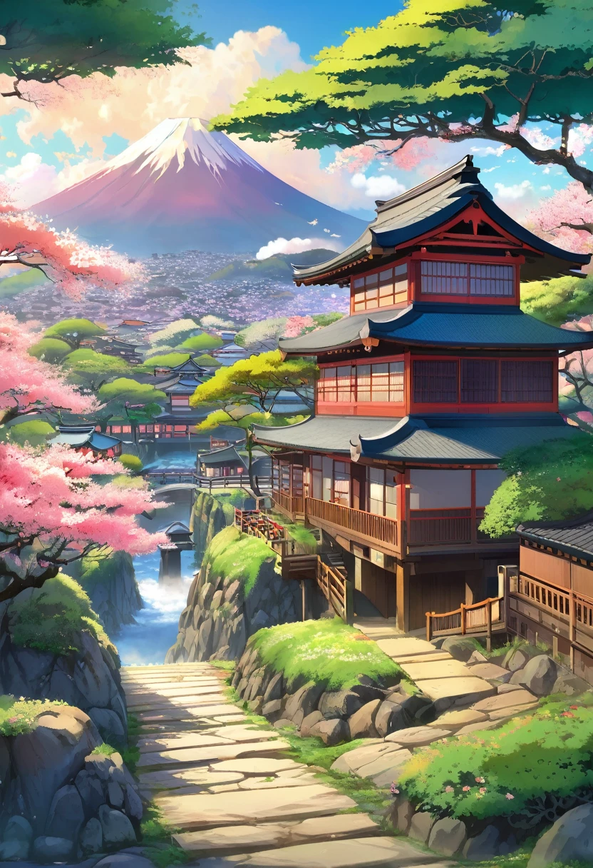 Beautiful landscape of the sanctuary, flores de cerejeira, pinheiros, anime arte de fundo, Japanese art style, Linda cena de anime, detailed scenery - width 672, arte de fundo, Paisagem de anime, fundo de anime, Linda cena de animery, bela cena de paz em anime, arte de paisagem, Japan village, Paisagem de anime concept art, 8K))