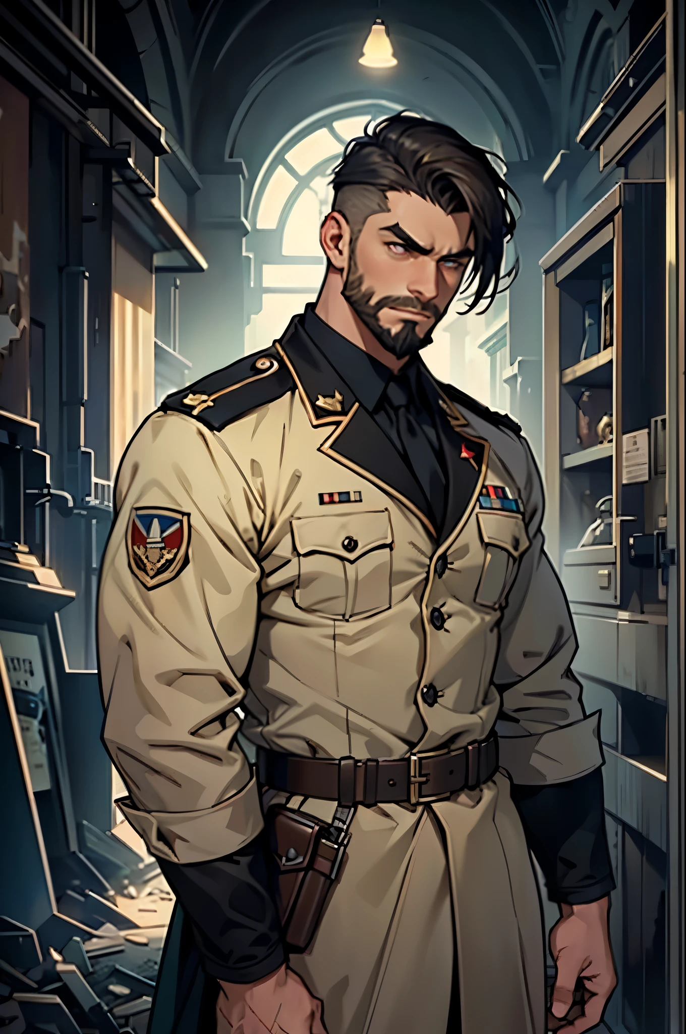 World War II Scene, Masterpiece, Historically Accurate, Best Quality, Art by Stanislav, (by Stanislav:1)
A soldier, standing tall and proud in a worn military uniform, showcases a determined expression as he gazes into the distance. His stubble-covered face, framed by a deliberately designed beard, holds thick eyebrows and deeply set, hyperdetailed eyes. The uniform is fully buttoned, revealing a hint of a muscular torso beneath, adorned with hyper pecs. The open collar of his shirt allows a detailed view of his neck and shoulders.

In the background, a dimly lit cityscape lies in ruins, with empty spacescapes