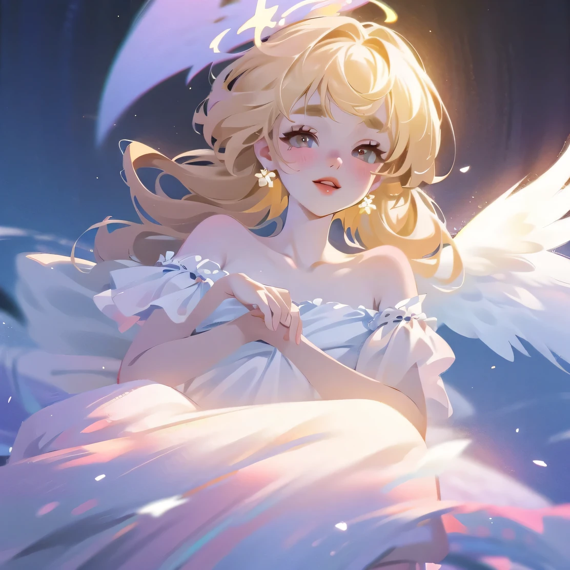 (High quality) (best quality) (A woman) (correct physiognomy) (best quality, 4k, 8K, high resolution, masterpiece: 1.2) woman, Extremely beautiful, Around 20 years old, long blonde hair with bangs on the back front, four small angel wings emerge from her head, two on the left side and two on the right side, two angel wings coming out of her back, a golden halo behind her head, golden eyes, sensitive lips, middle age, white dress with straps on the shoulders, skirt cut diagonally leaving one leg exposed, soft facial features, fine eyebrows, soft skin, slightly rosy cheeks, pink lips, silky eyelashes, dreamy expression, photo location the woman must be in a pond with water and fish in the middle of the forest, photo illuminated by sunlight, full body proportion, showing in the photo the body from head to torso