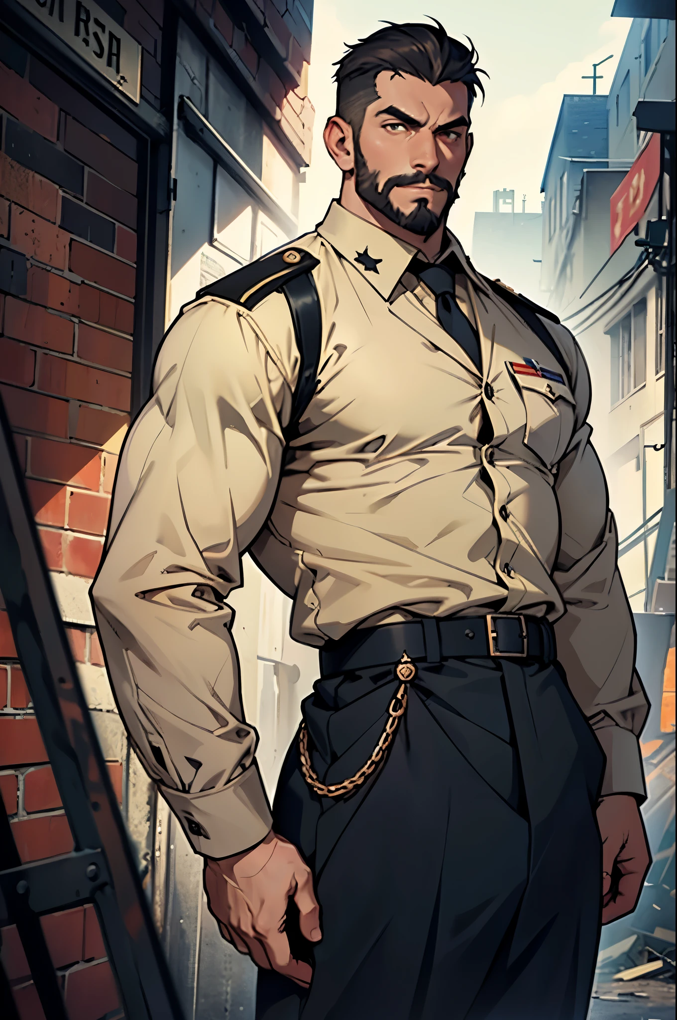 World War II Scene, Masterpiece, Historically Accurate, Best Quality, Art by Stanislav, (by Stanislav:1)
A soldier, standing tall and proud in a worn military uniform, showcases a determined expression as he gazes into the distance. His stubble-covered face, framed by a deliberately designed beard, holds thick eyebrows and deeply set, hyperdetailed eyes. The uniform is fully buttoned, revealing a hint of a muscular torso beneath, adorned with hyper pecs. The open collar of his shirt allows a detailed view of his neck and shoulders.

In the background, a dimly lit cityscape lies in ruins, with empty spacescapes