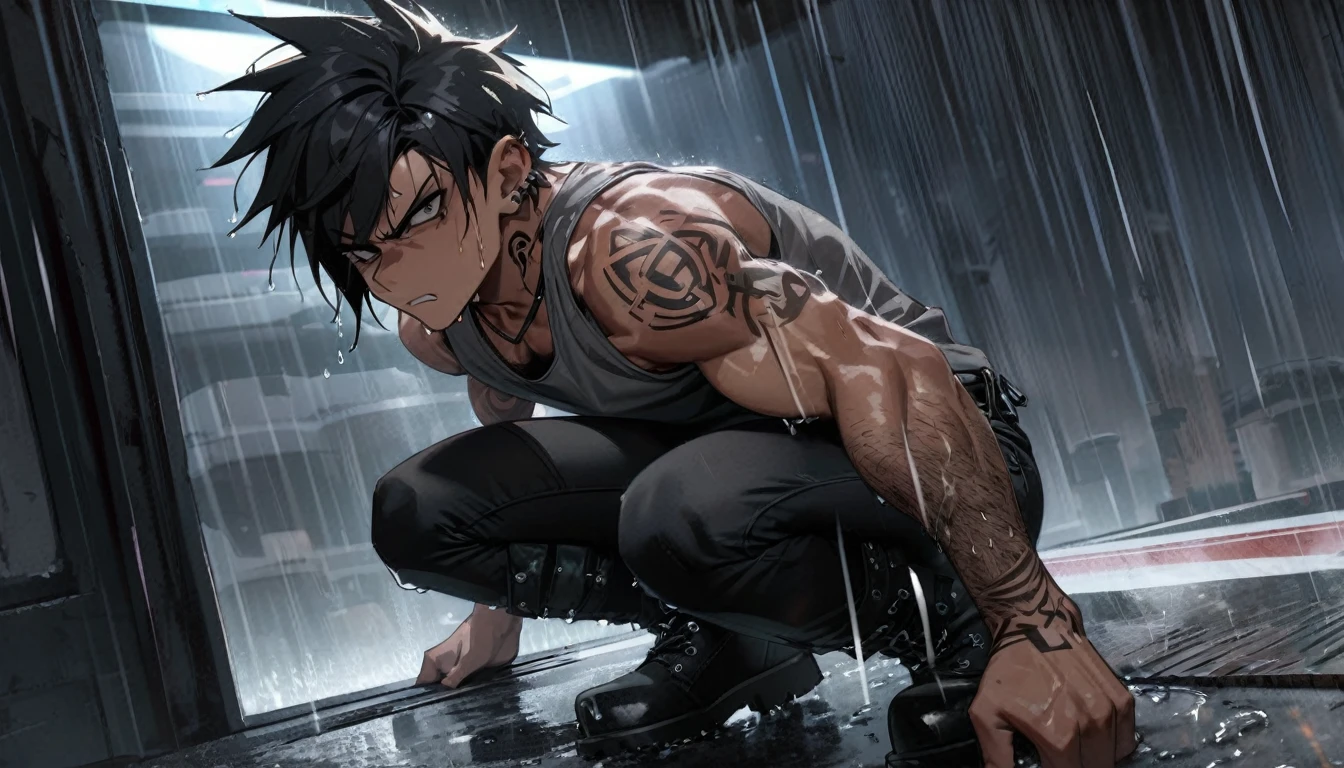 tanned skin, masculine badass, v-rays, thighs, posing aggressively, looking at us, raining, wet, dripping, shocking black hair, punk, cum gutters, v-line:1.5, futuristic elements, light body hair, black jeans with boots, tattoos, ((athletic)), scowling, ((he is solo)), ((he is alone)), gray tank top,