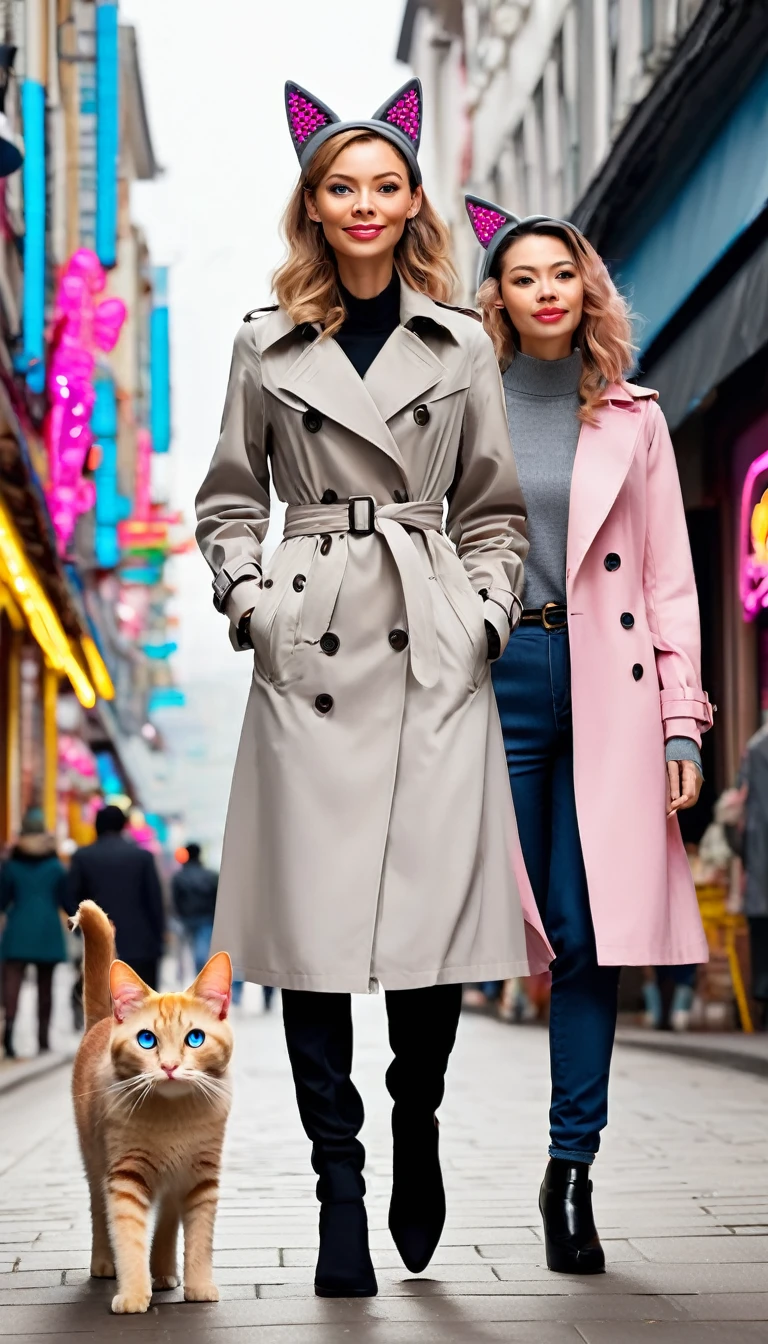 Anthropomorphic cat,Anthropomorphic dog,Two animal legs,A tall male dog,With brown cat ears and cunning eyes,Wearing a stylish grey trench coat and black trousers,Two slender animal legs take steady steps。Next to her is a petite and cute female cat,She has pink cat ears and lively blue eyes,Wearing a white lace dress and pink high heels,Two people walking hand in hand on the busy street。Street background,Many shops,Colorful store decoration,Neon lights flashing。The passers-by have different appearances,Some hurried on their way,Some stopped and watched,The whole picture is full of life。