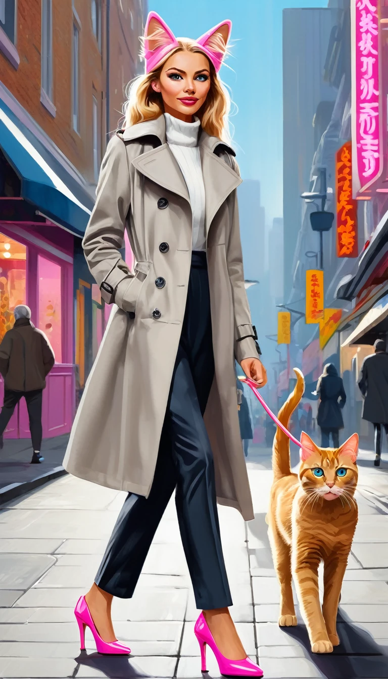Anthropomorphic cat,Anthropomorphic dog,Two animal legs,A tall male dog,With brown cat ears and cunning eyes,Wearing a stylish grey trench coat and black trousers,Two slender animal legs take steady steps。Next to her is a petite and cute female cat,She has pink cat ears and lively blue eyes,Wearing a white lace dress and pink high heels,Two people walking hand in hand on the busy street。Street background,Many shops,Colorful store decoration,Neon lights flashing。The passers-by have different appearances,Some hurried on their way,Some stopped and watched,The whole picture is full of life。