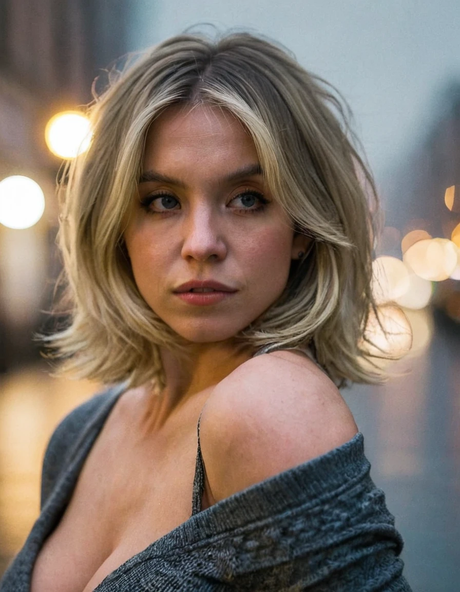 sydsw woman,professional photo portrait,blonde and shoulder length hair ,upper body shot,looking at camera,depth of field,bokeh,fog,dimly lit,gloomy,street background, sexy pose