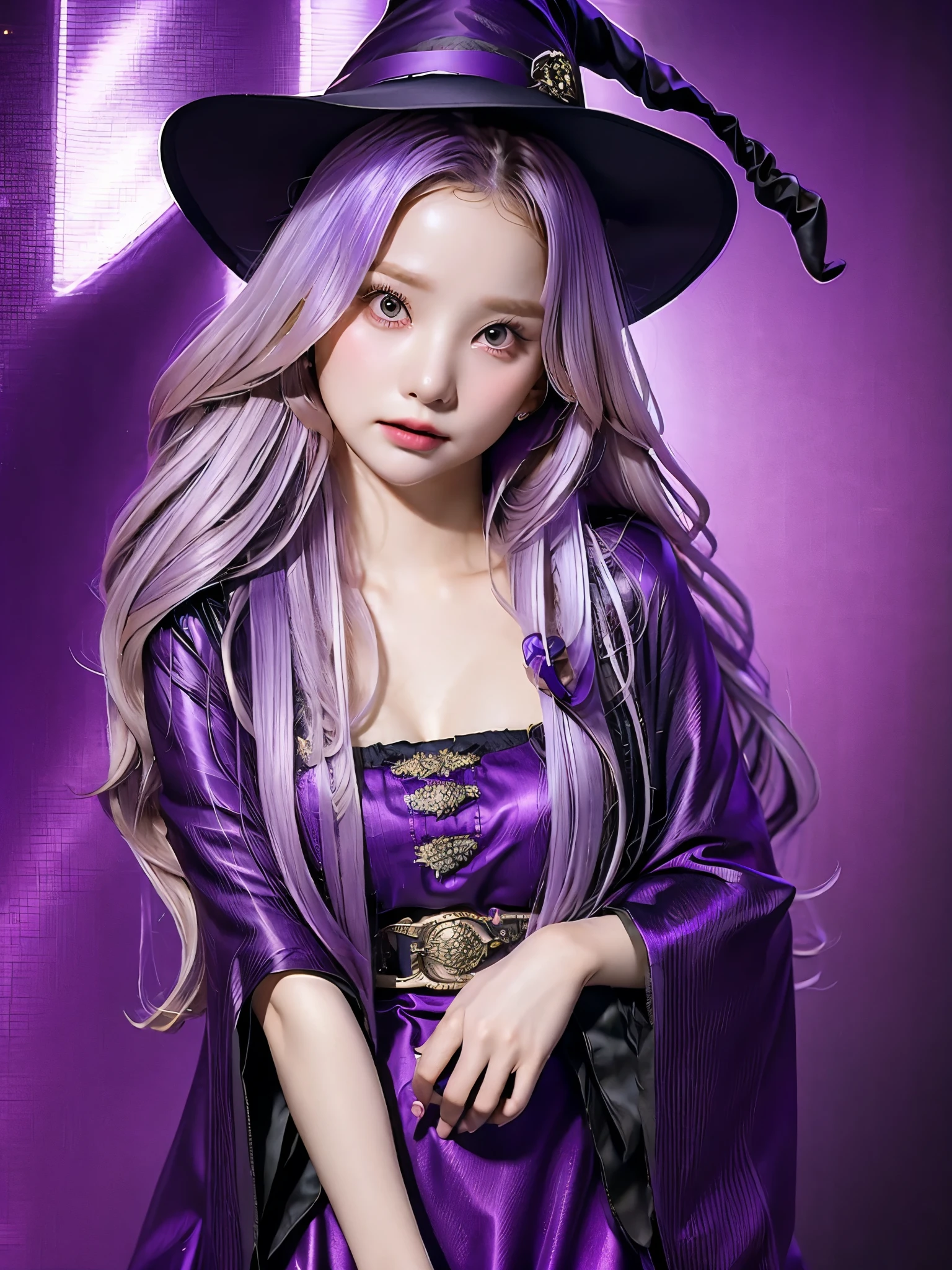 1 girl, portrait, long wavy hair, purple hair, witch dress, witch hat