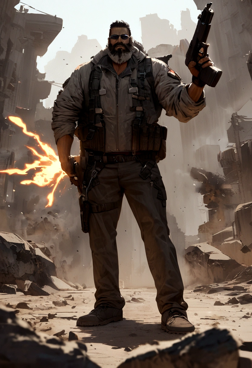 ThalapathyVijay as a cowboy holding a gun in hand smoking a ciggerate wearing a cool sunglass having beard and salt and pepper hairs standing near a blasting background looking fiercely