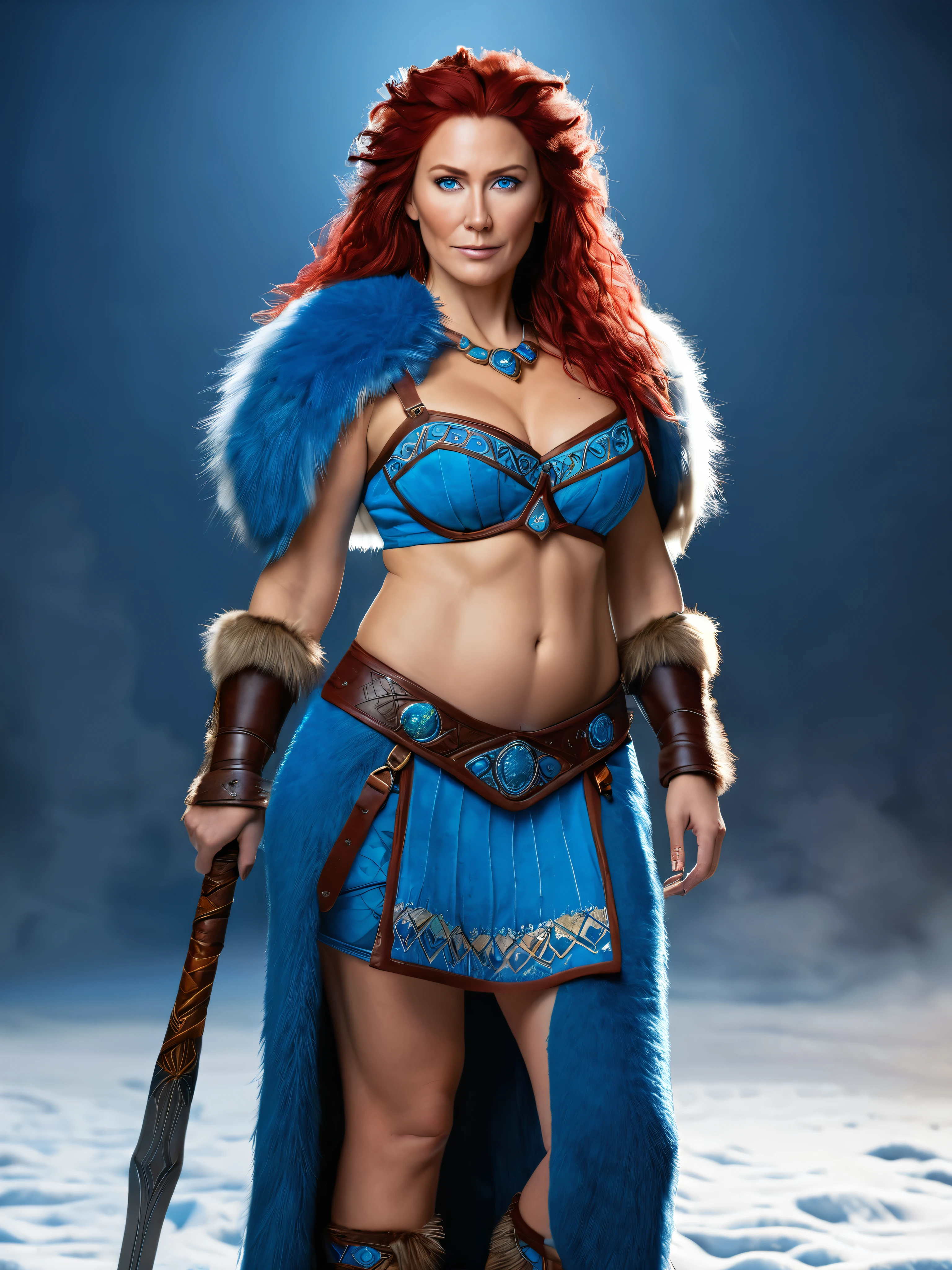 Full body Portrait of the Great Nordic Queen, a very gorgeous woman, 50 years old, thick healthy body, erotic warrior costumes, dark red styled fluffy hair, natural Blue eyes, a nose with a bump, an elongated chin, dressed in ancient national,
8k resolution, dynamic lighting hyperdetailed intricately detailed Splash art trending on Artstation triadic colors Unreal Engine 5 volumetric lighting, oil painting, heavy strokes