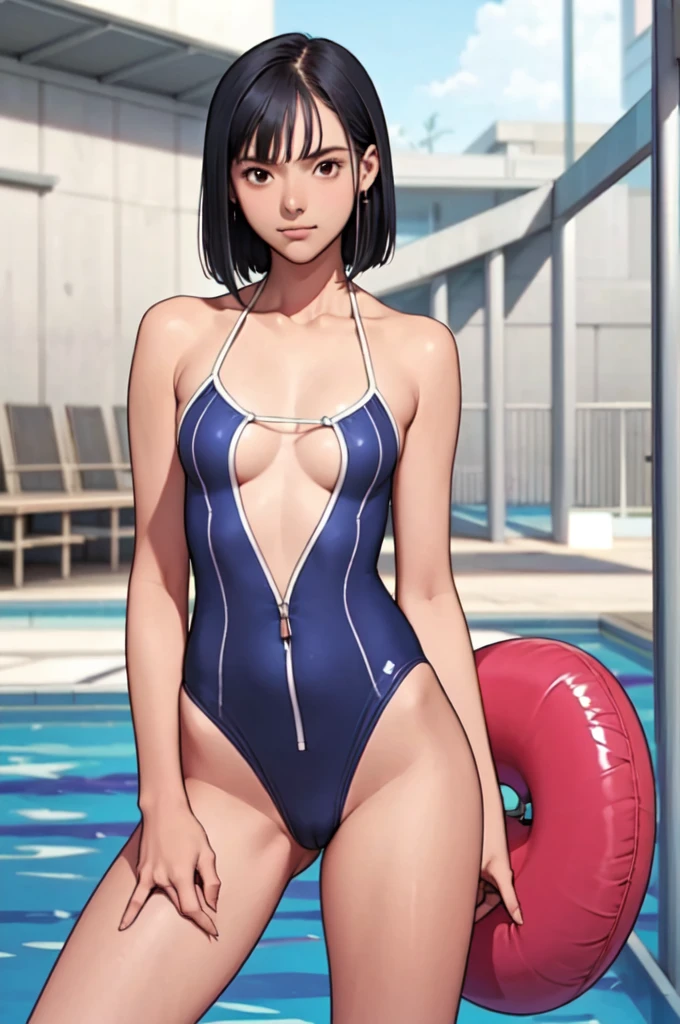 ((masterpiece, best quality)),((highres:1.2)), 1 Girl, solo, Blurred Background, (Straight Hair:1.2), ((One piece swimsuit)), ((flat chest)), Thighs, pool, ((Groin)), (slanted eyes), ((Special pose:1.2)), ((leg lift)), (Pencilskirt), bangs, short hair