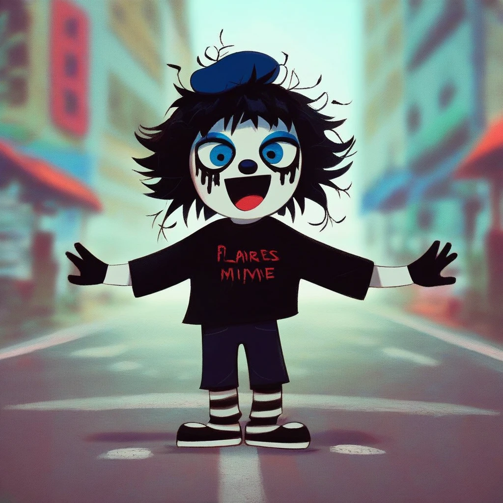 adult tall male mime, shirt grunge, sketchy lines, messy hair, black hair, wearing a beret, score_8_up, score_9_up,happy, has mime makeup on, wearing a mime outfit, dark blue eyes, performing on the streets of paris, showing full body, on a city street, solo, alone, (SOLO)(ALONE) Dancing, arms out, hands open