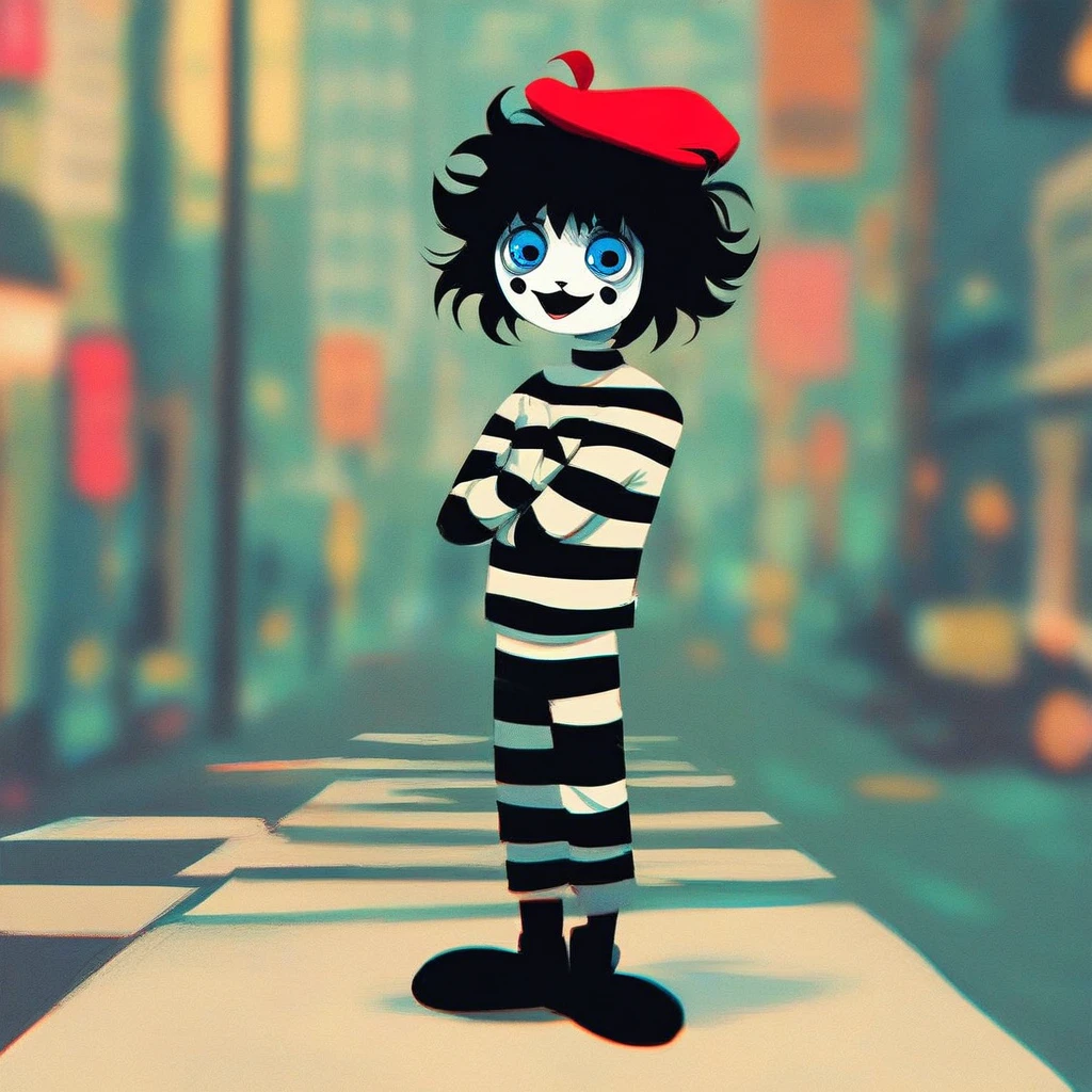 adult tall male mime, shirt grunge, sketchy lines, messy hair, black hair, wearing a beret, score_8_up, score_9_up,happy, has mime makeup on, wearing a mime outfit, dark blue eyes, performing on the streets of paris, showing full body, on a city street, solo, alone, (SOLO)(ALONE) Dancing, arms out, hands open