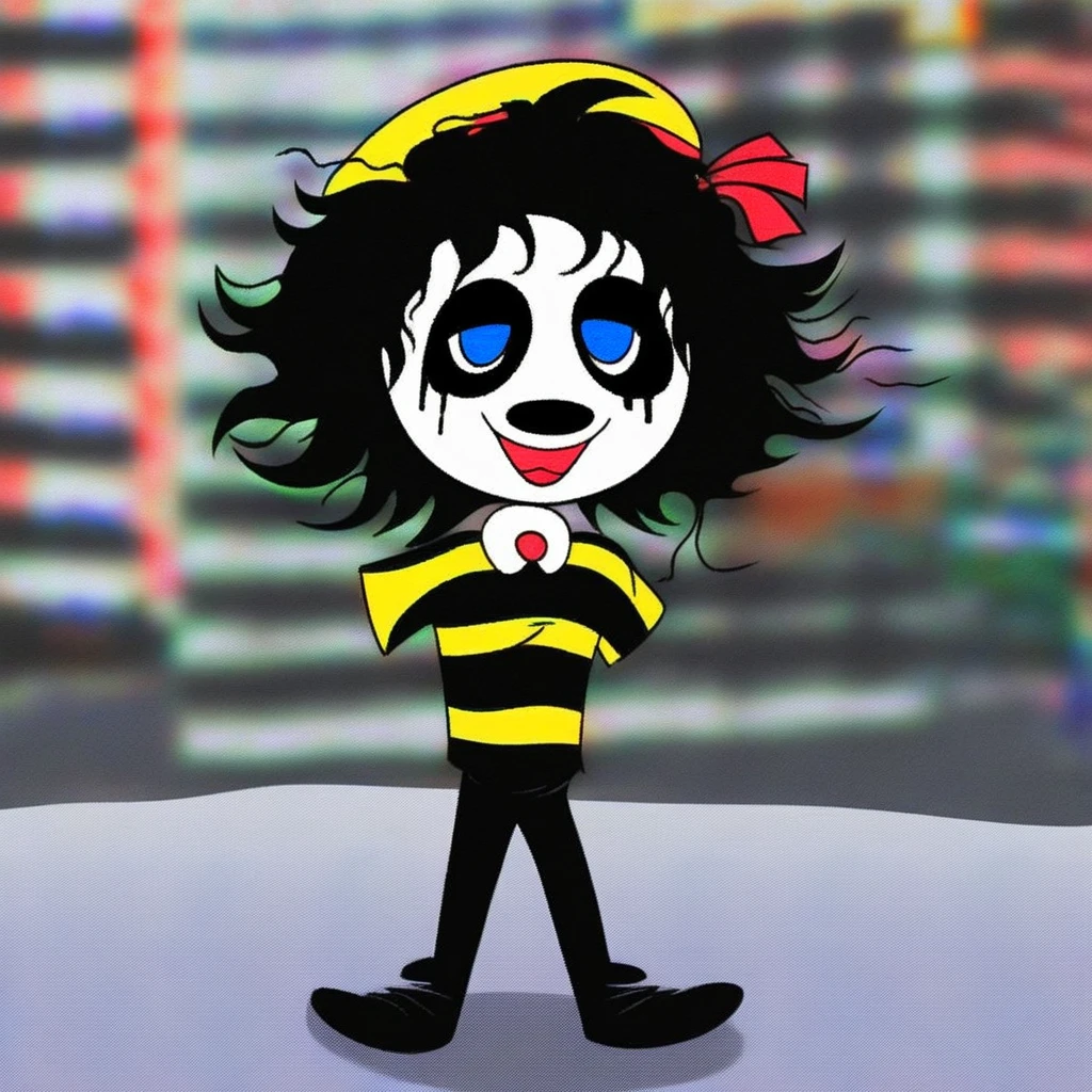 adult tall male mime, shirt grunge, sketchy lines, messy hair, black hair, wearing a beret,,happy, has mime makeup on, wearing a mime outfit, dark blue eyes, performing on the streets of paris, showing full body, on a city street, solo, alone, (SOLO)(ALONE) Dancing, arms out, hands open