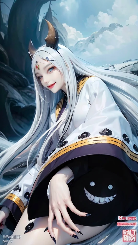 sharp teeth, teeth, horns, long hair, grin, nail polish, 1girl, colored skin, smile, solo, black nails, watermark, artist name