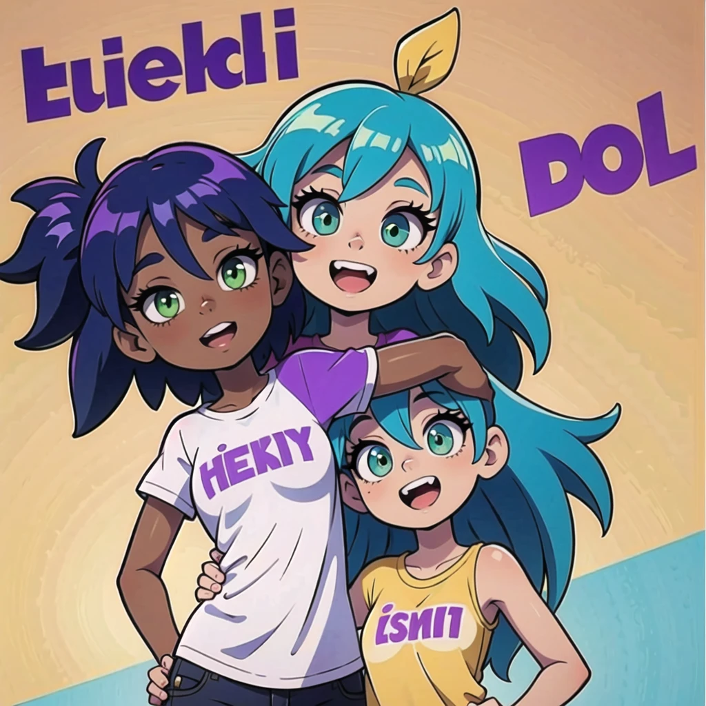 Twitch Emote of a Girl, with long hair, straight hair, vibrant blue hair, green eyes, tan skin, wearing a purple t-shirt, very happy celebrating, background white.