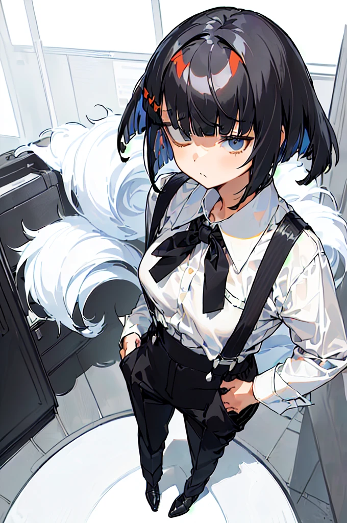 (((((shy girl))))), ((((shy posture)))), (((((1 Girl))))), (((standing up straight))), (((full body))), ((((flat chested)))), ((amber-colored irises on her eyes)), ((((Urabe Mikoto Mysterious Girlfriend X anime style haircut)))), ((((((((hair bangs over eyes)))))))), ((((eyes behind hair)))), (((black short messy bob-cut))), (((eyes not visible due to being covered by hair))), ((eyes not visible due to be hidden by hair bangs)), ((((black high-waist long slacks)))), ((black suspenders)), (((black tie))), (((women's dress shirt))), ((women's dress shoes)), (((20-year-old Office Lady))), ((((Office Setting)))), (((name tag labeled in English, "Kaiden")))