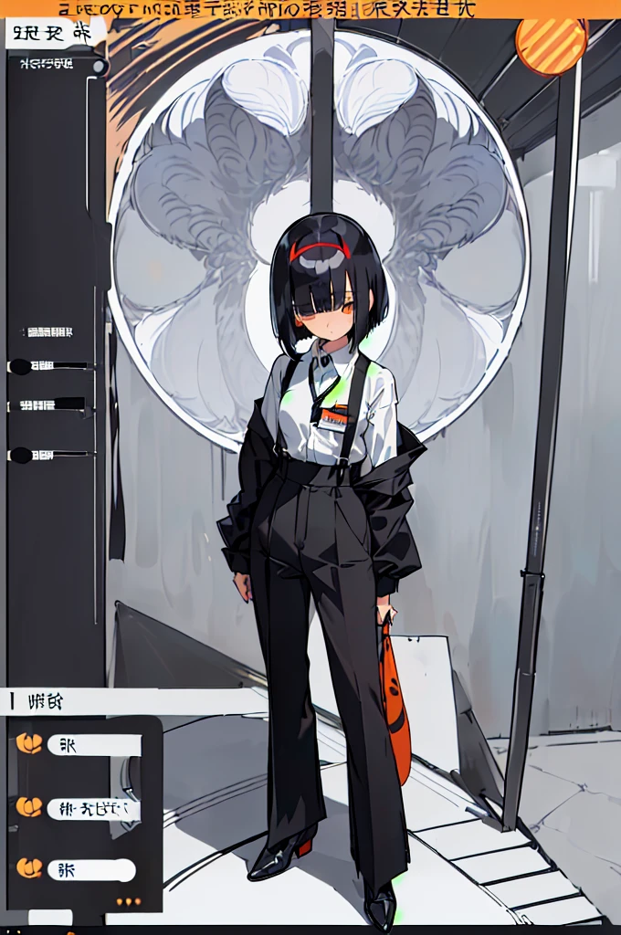 (((((shy girl))))), ((((shy posture)))), (((((1 Girl))))), (((standing up straight))), (((full body))), ((((flat chested)))), ((amber-colored irises on her eyes)), ((((Urabe Mikoto Mysterious Girlfriend X anime style haircut)))), ((((((((hair bangs over eyes)))))))), ((((eyes behind hair)))), (((black short messy bob-cut))), (((eyes not visible due to being covered by hair))), ((eyes not visible due to be hidden by hair bangs)), ((((black high-waist long slacks)))), ((black suspenders)), (((black tie))), (((women's dress shirt))), ((women's dress shoes)), (((20-year-old Office Lady))), ((((Office Setting)))), (((name tag labeled in English, "Kaiden")))