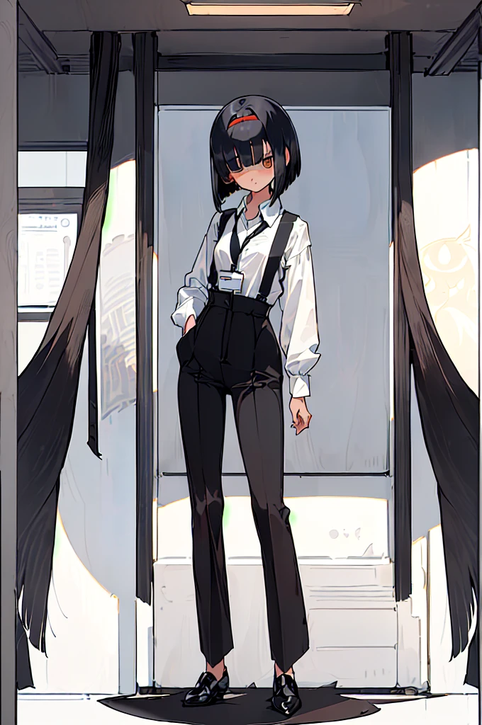 (((((shy girl))))), ((((shy posture)))), (((((1 Girl))))), (((standing up straight))), (((full body))), ((((flat chested)))), ((amber-colored irises on her eyes)), ((((Urabe Mikoto Mysterious Girlfriend X anime style haircut)))), ((((((((hair bangs over eyes)))))))), ((((eyes behind hair)))), (((black short messy bob-cut))), (((eyes not visible due to being covered by hair))), ((eyes not visible due to be hidden by hair bangs)), ((((black high-waist long slacks)))), ((black suspenders)), (((black tie))), (((women's dress shirt))), ((women's dress shoes)), (((20-year-old Office Lady))), ((((Office Setting)))), (((name tag labeled in English, "Kaiden")))
