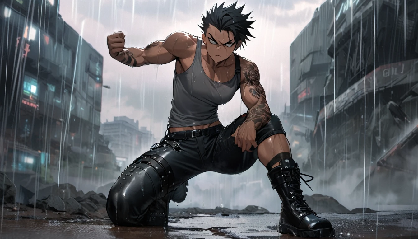 tanned skin, masculine badass, v-rays, thighs,  posing aggressively, looking at us, raining, wet, dripping, shocking black hair, punk, cum gutters, v-line:1.5, futuristic elements, light body hair, black jeans with boots, tattoos, ((athletic)), scowling, ((he is solo)), ((he is alone)), gray tank top,
