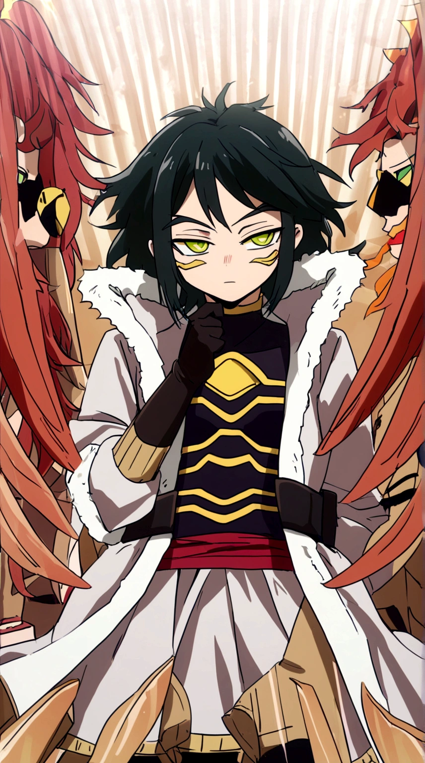 Estilo manga panel de Boku no hero, personaje masculino Hawks, cabello corto rubio ligeramente ondulado, ojos dorados con delineado, cejas pobladas, alas rojas, Jugando en la nieve con ,Girl with short black hair with crimson red tips. ojos verdes con pecas en sus mejillas. small and slim stature with few frontal attributes wearing a white tunic on top and a long skirt with two slits on her legs