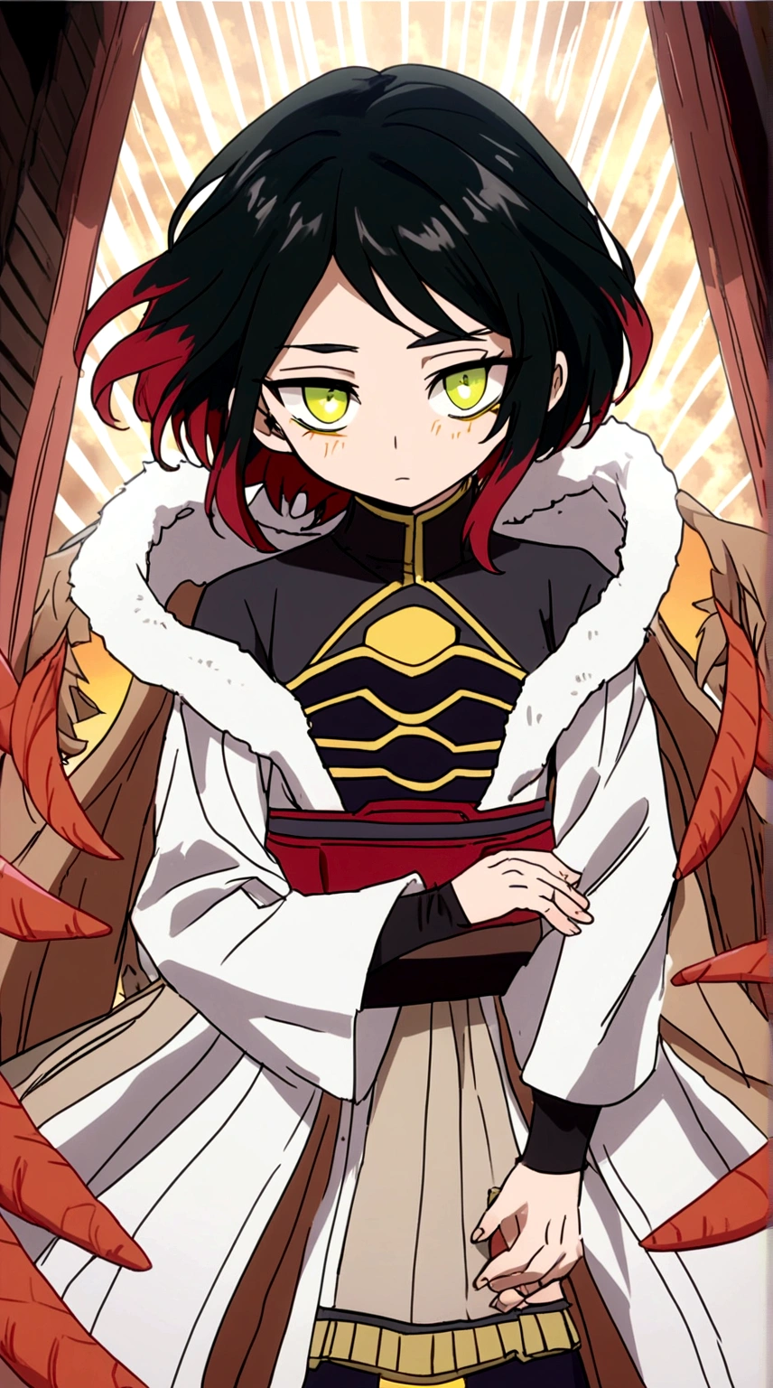 Estilo manga panel de Boku no hero, personaje masculino Hawks, cabello corto rubio ligeramente ondulado, ojos dorados con delineado, cejas pobladas, alas rojas,  Jugando en la nieve con ,Girl with short black hair with crimson red tips. ojos verdes con pecas en sus mejillas. small and slim stature with few frontal attributes wearing a white tunic on top and a long skirt with two slits on her legs