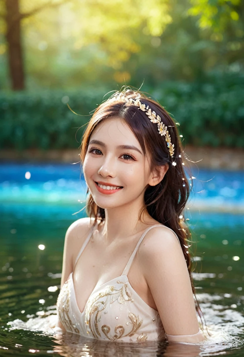 Beautiful woman, Smile, particle, Streamer, water, Sexy, fantasy, Rich colors, complex, Bokeh, Nice background