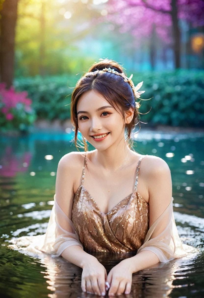 Beautiful woman, Smile, particle, Streamer, water, Sexy, fantasy, Rich colors, complex, Bokeh, Nice background