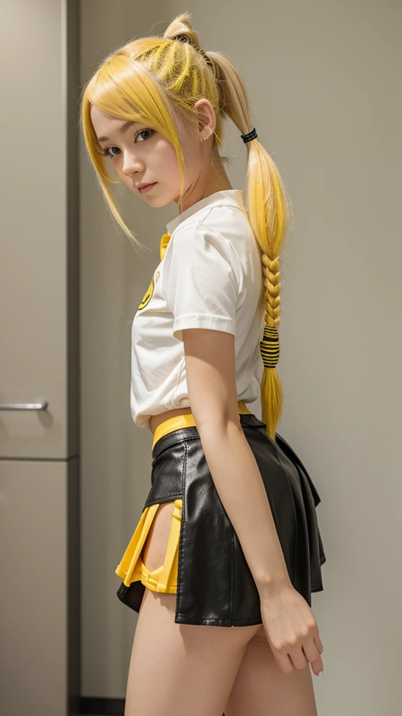 Anime girl in a mini skirt, with yellow hair with pigtails on both sides