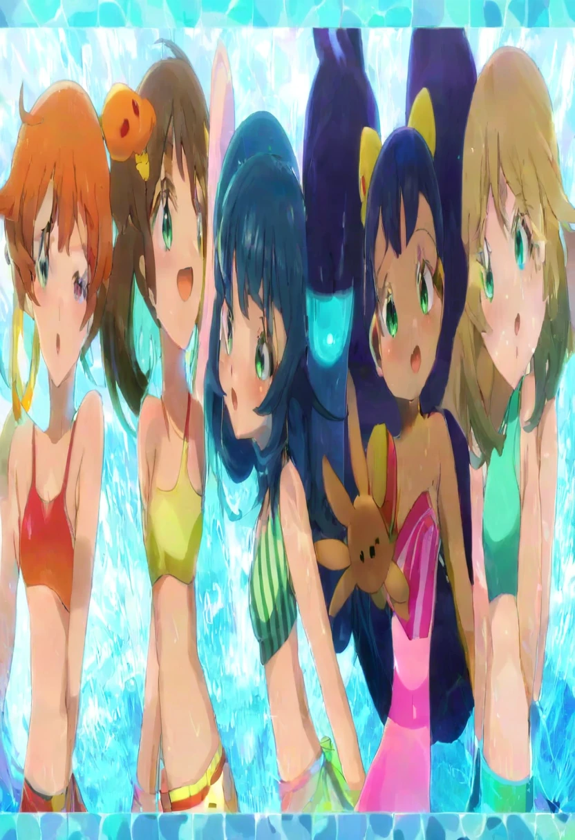 anime characters in swim suits posando for a picture in a pool, brillante!!, anime style, estilo anime pokemon, Noche!!, tipo de agua, fanart oficial, feliz!!!, fondo de pantalla!, estaciones!! : 🌸 ☀ 🍂 ❄, arte oficial, arte oficialwork, anime estilizado, futuro!!, inspirado en puru, posando!!, anime still, arte de fan &quot;, dynamic!!
