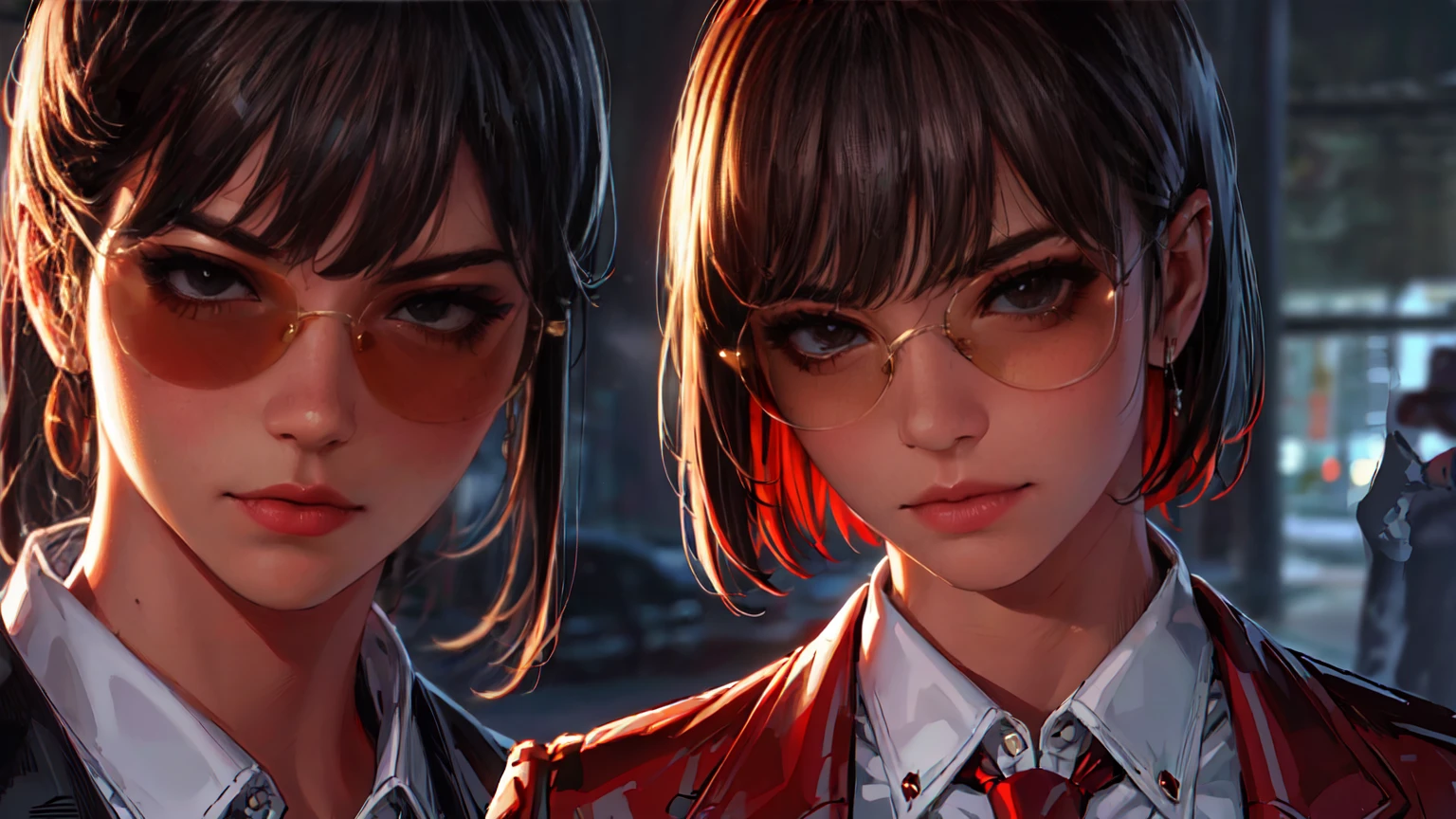 (Masterpiece, Best Quality, Ultra High Resolution) - Portrait format. Close-up . - Fancy woman, with red detailed eyes, in business suit with red tie and white shirt, dark half-rimmed aviator glasses, - The character is half-turned , looking sideways into the distance.