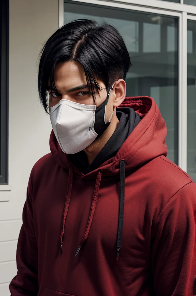 A man, wearing mask, red hoodie, Levi Ackerman hairstyle, black hair, high quality masterpiece 