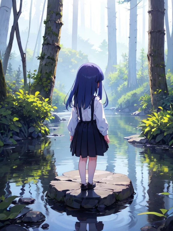 ((Back view)),One girl, (furude rika), chibi, , blue hair, purple eyes, long hair, blunt bangs, bangs, white shirt, suspenders, black skirt, 自然の中でBack viewを描いてください。Forest or lakeside、Mountain tops etc.、Place the figures in a situation that blends in with nature.。