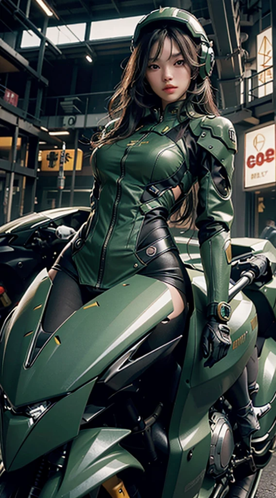 Highest image quality, outstanding details, ultra-high resolution, (realism: 1.4), the best illustration, favor details, highly condensed 1girl, with a delicate and beautiful face, dressed in a black and green mecha, wearing a mecha helmet, holding a directional controller, riding on a motorcycle, the background is a high-tech lighting scene of the future city.- no clothes - less clothes, remove clothes