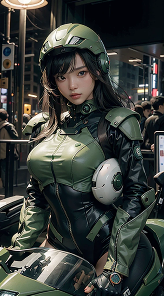Highest image quality, outstanding details, ultra-high resolution, (realism: 1.4), the best illustration, favor details, highly condensed 1girl, with a delicate and beautiful face, dressed in a black and green mecha, wearing a mecha helmet, holding a directional controller, riding on a motorcycle, the background is a high-tech lighting scene of the future city.- no clothes - less clothes, remove clothes 