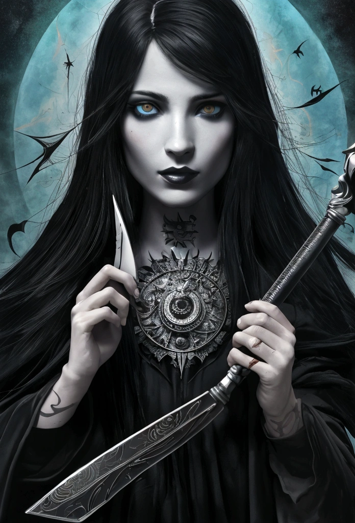 Escuro, profano, ser, astral, estilo olpntng assustador, vampiro, Mystic, rosto bonito perfeito com pele lisa com uma mascara nos olhos, Holding a scale, Retrato de Arte Conceitual de Greg Rutkowski, digite germe, Hyper-detailed and intricately detailed Gothic art in ArtStation's triadic colors, motor irreal, genial, detalhes intrincados, tela inicial, cores complementares, arte conceitual de fantasia, 8k resolution, masterpiece of gothic deviantart, oils, Acidentes vasculares cerebrais intensos, gotejamento de tinta, Escuro, profano, ser, astral, horripilante, cabelo curto