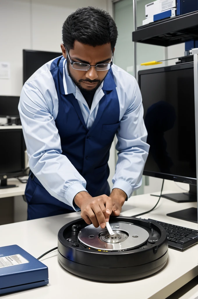 A man Forensic analyst examining a hard drive in a high-tech lab