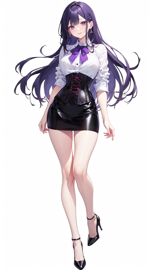 Purple Hair,Long Hair,Adult female,White Y-shirt,((Roll up her sleeves)),(corset),(Black tight skirt),(High heels),((A simple, blank white background)),smile,((full body)),((whole body)),