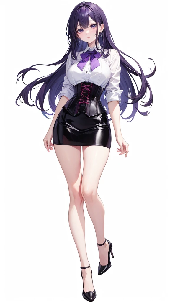 Purple Hair,Long Hair,Adult female,White Y-shirt,((Roll up her sleeves)),(corset),(Black tight skirt),(High heels),((A simple, blank white background)),smile,((full body)),((whole body)),
