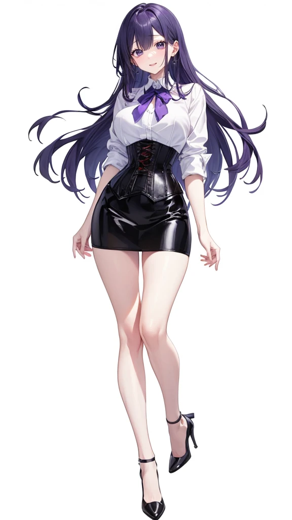 Purple Hair,Long Hair,Adult female,White Y-shirt,((Roll up her sleeves)),(corset),(Black tight skirt),(High heels),((A simple, blank white background)),smile,((full body)),((whole body)),