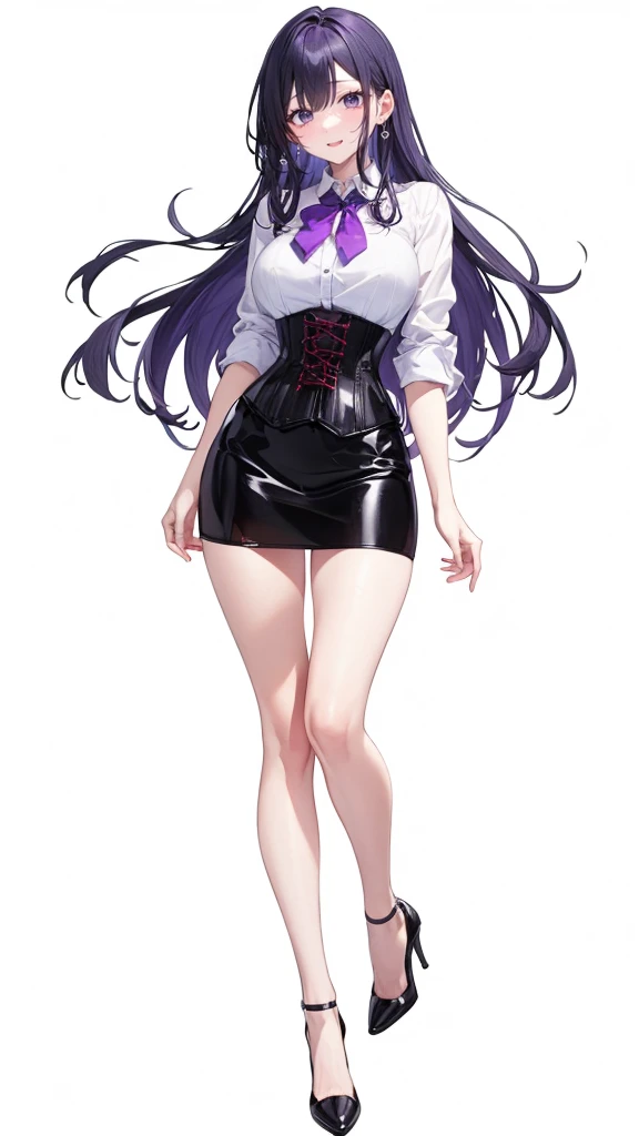 Purple Hair,Long Hair,Adult female,White Y-shirt,((Roll up her sleeves)),(corset),(Black tight skirt),(High heels),((A simple, blank white background)),smile,((full body)),((whole body)),