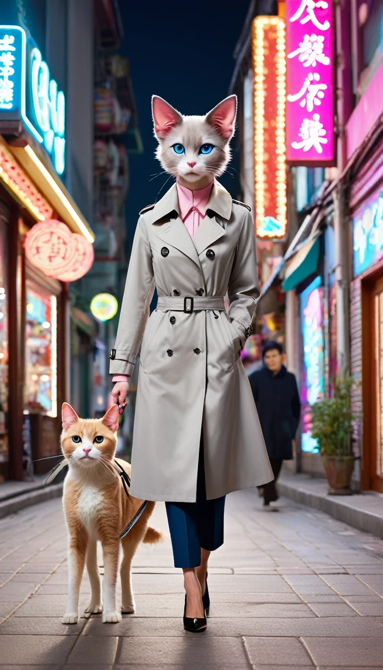 A tall male anthropomorphic dog，With brown dog ears and cunning eyes，Wearing a stylish grey trench coat and black trousers，Two slender animal legs take steady steps。Next to her is a petite and cute anthropomorphic female cat，She has pink cat ears and lively blue eyes，Wearing a white lace dress and pink high heels，Two people walking hand in hand on the busy street。Street background，Many shops，Colorful store decoration，Neon lights flashing。The passers-by have different appearances，Some hurried on their way，Some stopped and watched，The whole picture is full of life。