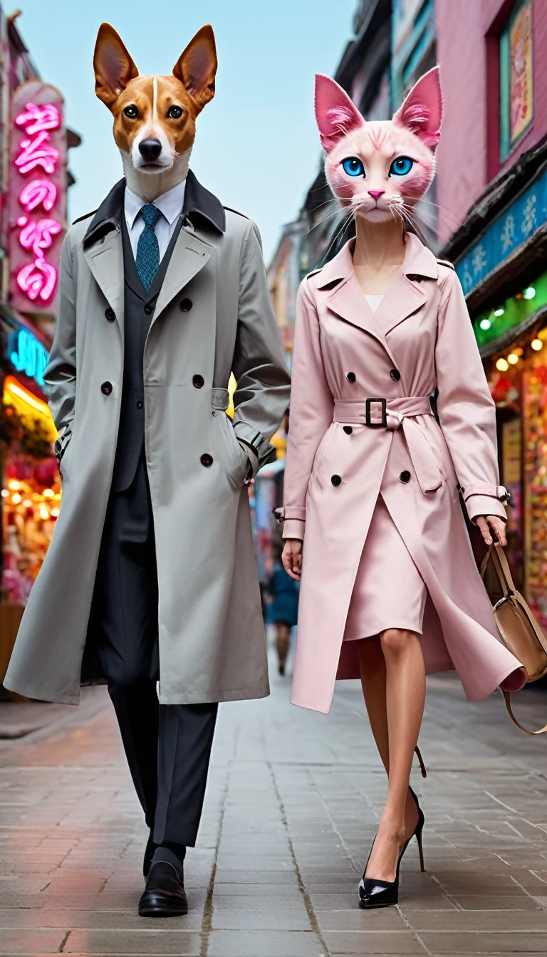 A tall male anthropomorphic dog，With brown dog ears and cunning eyes，Wearing a stylish grey trench coat and black trousers，Two slender animal legs take steady steps。Next to her is a petite and cute anthropomorphic female cat，She has pink cat ears and lively blue eyes，Wearing a white lace dress and pink high heels，Two people walking hand in hand on the busy street。Street background，Many shops，Colorful store decoration，Neon lights flashing。The passers-by have different appearances，Some hurried on their way，Some stopped and watched，The whole picture is full of life。